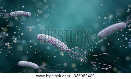 Illustration Of Helicobacter Pylori Bacteria On An Abstract Color Background. Medical Concept. 3 D R