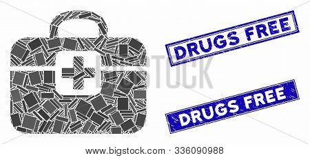 Mosaic Medkit Pictogram And Rectangular Drugs Free Watermarks. Flat Vector Medkit Mosaic Pictogram O