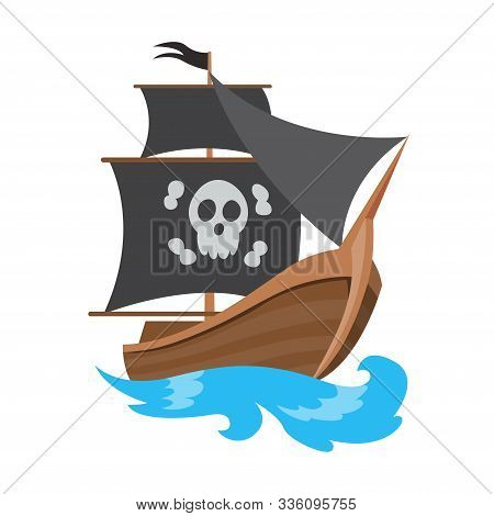 Wooden Pirate Buccaneer Filibuster Corsair Sea Dog Ship Icon Game, Isolated Flat Design. Color Carto