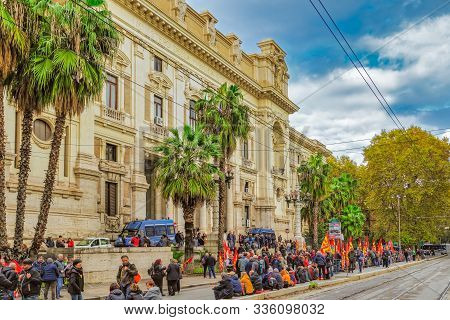 Rome, Italy - November 20 2019: People Protesting Outside Italian Government Ministry. Large Crowd U