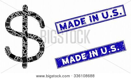 Mosaic Dollar Icon And Rectangle Made In U.s. Seal Stamps. Flat Vector Dollar Mosaic Icon Of Randomi