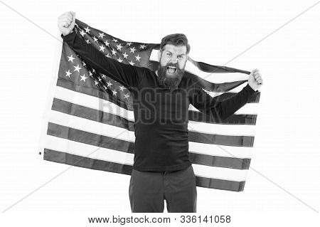 I Got The Usa Flag Over My Heart Cause Im Patriotic. Patriotic Hipster Holding American Flag On Whit