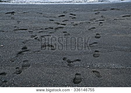Trace Of The Ocean On Volcanic Sand On The Beach, Natural Background, Spain, Tenerife,