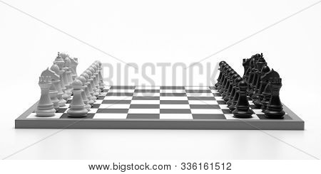 Chess Checkerboard Set Up Isolated Against White Color Background, 3D Illustration