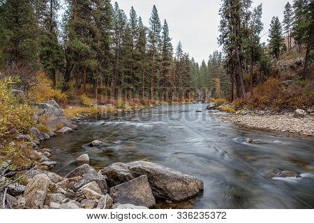 Landscape Image Of North Fork Of Boise Mountain River In Idaho In The Fall.