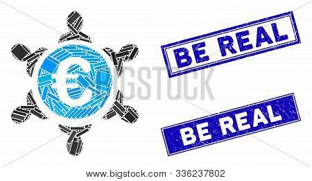 Mosaic Euro Collaboration Pictogram And Rectangle Be Real Rubber Prints. Flat Vector Euro Collaborat