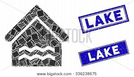 Mosaic Indoor Water Pool Pictogram And Rectangle Lake Seal Stamps. Flat Vector Indoor Water Pool Mos