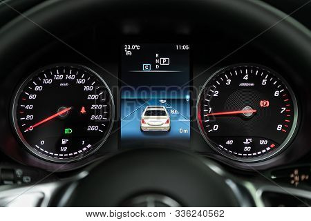 Novosibirsk, Russia - October 10, 2019:  Mercedes-benz Gls-class, Car Dashboard With White  Backligh