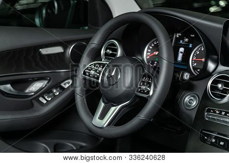 Novosibirsk, Russia - October 10, 2019:  Mercedes-benz Gls-class,  Luxury Car Interior - Steering Wh