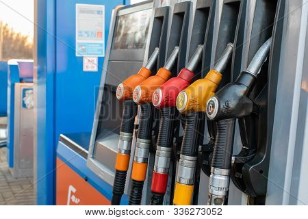 21-11-2019, Moscow Region, Russia. Pumps With Different Types Of Gasoline And Diesel Fuel At A Gas S