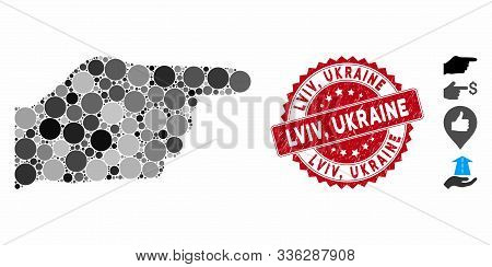 Mosaic Hand Pointer Icon And Rubber Stamp Watermark With Lviv, Ukraine Text. Mosaic Vector Is Compos