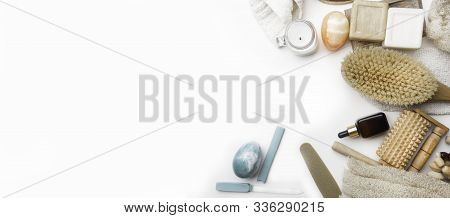 Zero Waste Concept. Eco-friendly Bath Set. Brushes, Soap, Serum, Towel, Stones, Massage Tools, Nailf