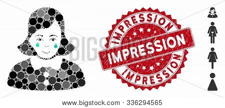 Mosaic Crying Woman Icon And Corroded Stamp Seal With Impression Caption. Mosaic Vector Is Formed Wi