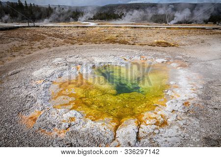 Green And Yellow Geyser Basin With Boiling Water From Geothermal Heat, Yellostone National Park, Wyo