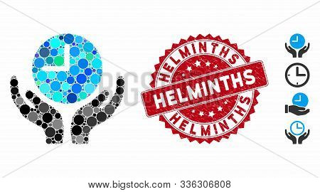 Collage Clock Care Icon And Rubber Stamp Seal With Helminths Caption. Mosaic Vector Is Designed With