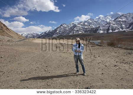 Travelers Thai Woman Travel Visit With Landscape High Range Mountain And Sindhu Or Indus River On Le