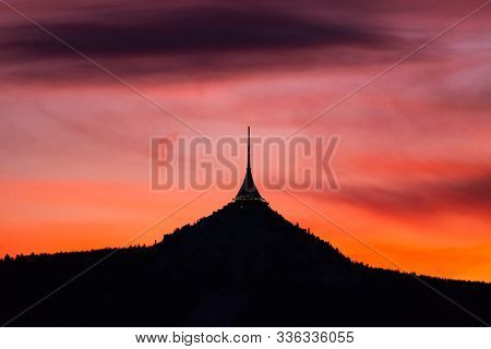 Silhouette Of Jested Mountain At Sunset Time, Liberec, Czech Republic