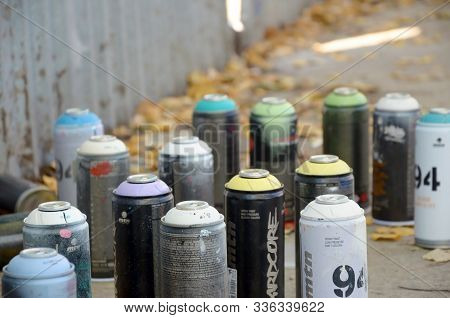 Kharkov, Ukraine - October 19, 2019: Montana Mtn 94 Black Hardcore Dope And Kobra Used Spray Cans Fo