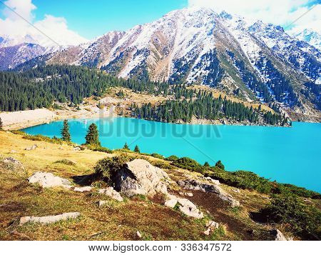Spectacular Scenic Big Almaty Lake In Thetien Shan Mountains In Almaty, Kazakhstan, Central Asia Dur