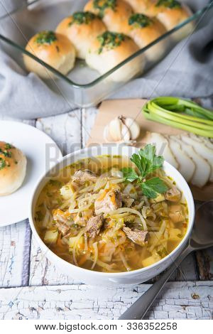 Shchi (cabbage Soup) With Buns (pampushki), Fat And Garlic. Traditional Russian And Ukrainian Soup. 