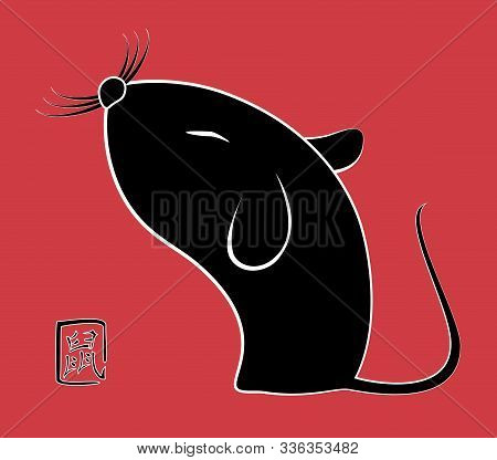 The Image Of The Black Rat For The New Year, Greeting Card On Red Background. Eps10 Vector Illustrat