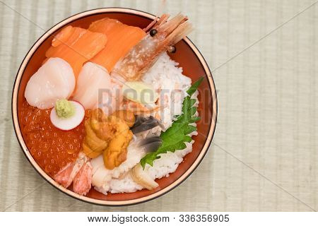 Fresh Raw Seafood Mixed Rice Bowl (kaisen-don, Japanese Tasty Food). Japanese Rice With Sashimi Of S