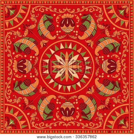 National Ornament. Russian Boretskaya Painting. Decorative Birds On A Red Background. Vector