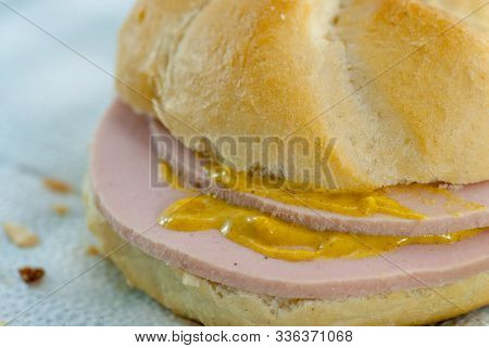 Sandwich With Poor Quality Salami Parizer Made Of A Paste Consist In Pork Scraps Pig Skin And Other 