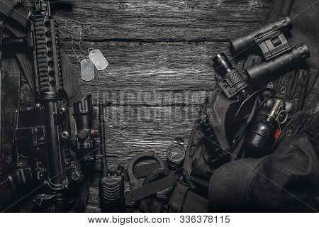 Military Equipment Or Special Agent Gear Concept Flat Lay Background With Copy Space.