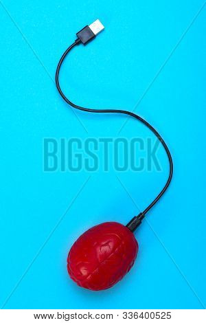A Usb Cable Is Inserted Into The Brain On A Blue Background, Brain Control, A Man And A Computer, A 