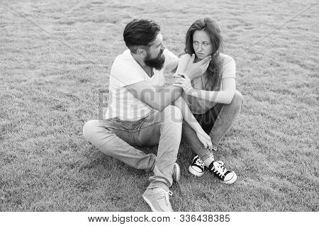 Hipster Man With Beard Try To Console Girl. Misunderstanding In Relationship. Relations Problem. Fam
