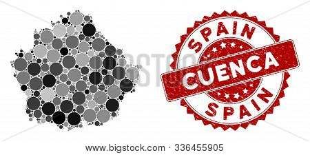 Mosaic Cuenca Province Map And Round Seal. Flat Vector Cuenca Province Map Mosaic Of Randomized Roun