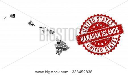 Mosaic Hawaiian Islands Map And Circle Seal Stamp. Flat Vector Hawaiian Islands Map Mosaic Of Random