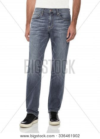 Men's Regular Stretchable Dark Blue Slim Fit Jeans With White Background