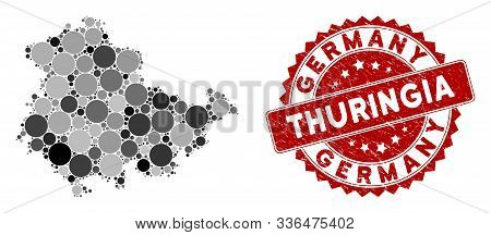 Mosaic Thuringia Land Map And Circle Rubber Print. Flat Vector Thuringia Land Map Mosaic Of Randomiz