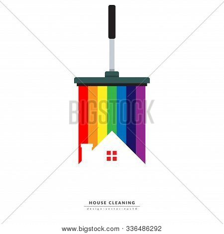 Vector Of Squeegee Scraping Colorful Rainbow Over Roof Of House. Home Cleaning Service Business Bann