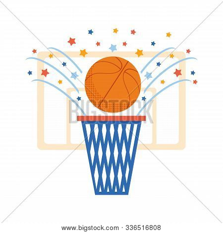 Basketball Ball And Basketball Ring On White Background. Hitting The Ball In The Basket. Sports Chil