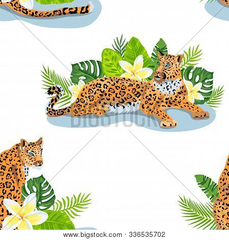 Leopards With Jungle Leaves, Tropical Flowers Seamless Pattern. Vector Illustration.