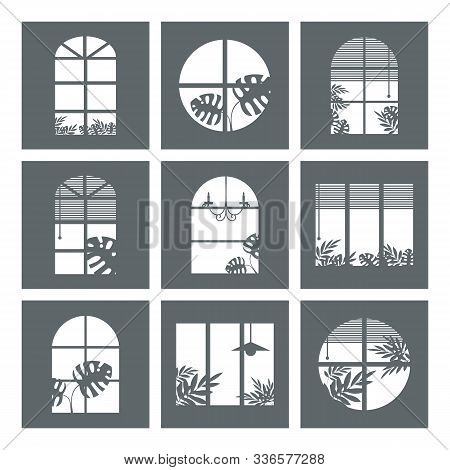 Collection Of Windows Silhouette Of Various Designs Isolated. Window City At Night. Vector Illustrat