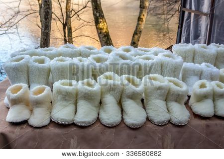 Shoes For Home Made Of Genuine Sheepskin. The Traditional Craft Of Rural Residents, Handmade. Sale I