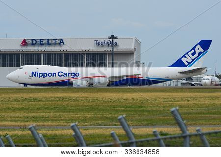 Tokyo, Japan - Apr 17, 2019. Ja11kz Nippon Cargo Airlines Boeing 747-8f Docking At Tokyo Narita Airp