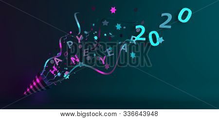 Happy New Year 2020 Background, New Year Banner, Party Popper Cone And Glittering Confetti On Green 