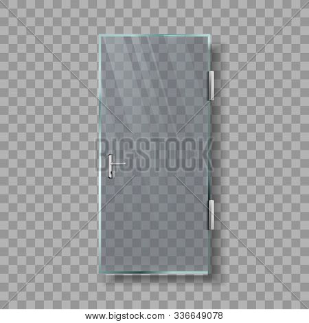 Glass Door With Handle And White Frame Vector. Transparency Door With Metal Chrome Doorhandle Entran