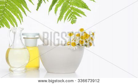 Natural Medicine - Space For Text. Alternative Medicine, Mortar And Medicine Bottles -  Space For An