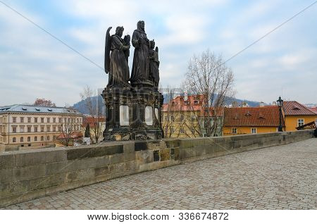 Sculptural Compositions Of Charles Bridge, Prague, Czech Republic. St. Francis Of Assisi, Catholic M