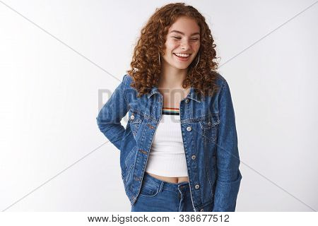 Authentic Studio Shot Attractive Carefree Redhead Curly Queer Young Girl Freckles Pimples Having Fun