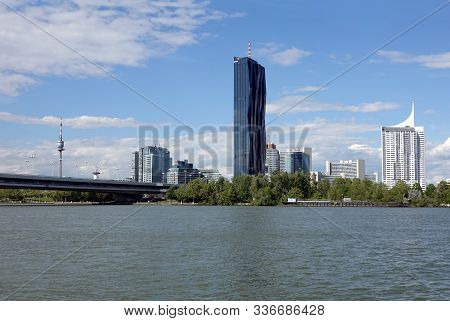 Vienna, Austria - May The 10th 2019: View From Danube To The Imperial Bridge, Tv Tower And Vienna, I
