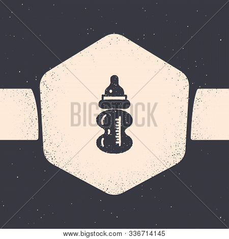 Grunge Baby Bottle Icon Isolated On Grey Background. Feeding Bottle Icon. Milk Bottle Sign. Monochro