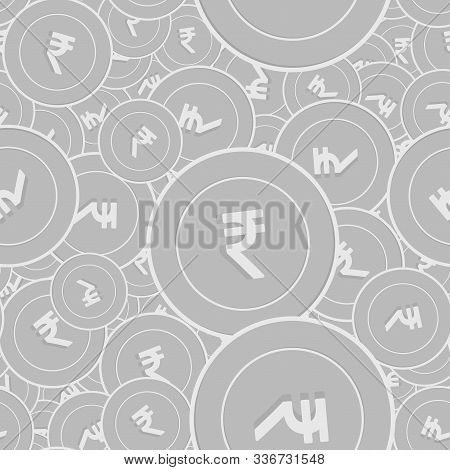 Indian Rupee Silver Coins Seamless Pattern. Attractive Scattered Black And White Inr Coins. Success 