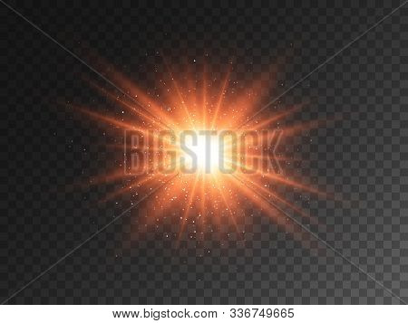 Glowing Star On Transparent Backdrop. Orange Burst With Bright Glitter And Glare. Christmas Light Ef